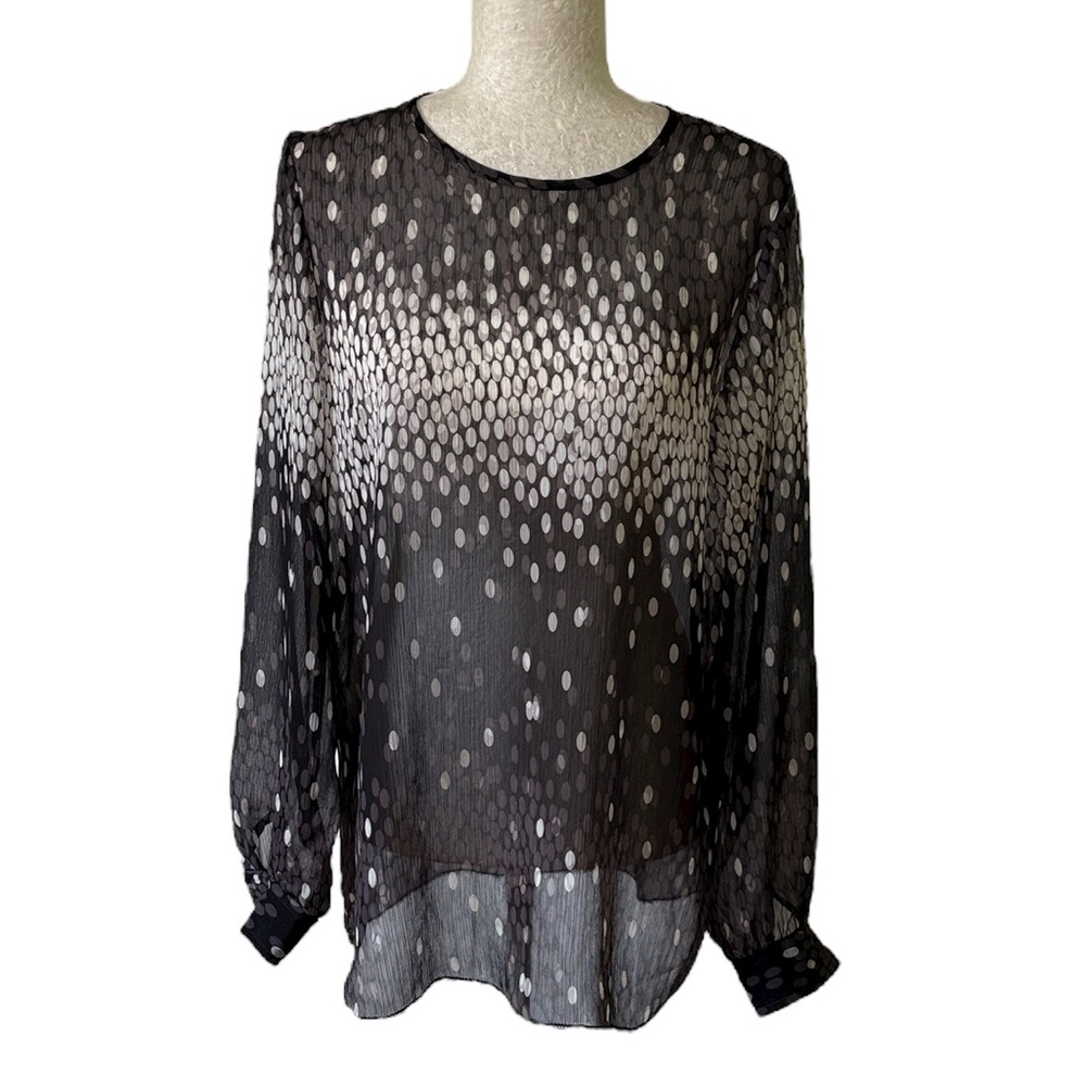 L’Agence Black & Off White Polka Dot Print Crinkly Semi Sheer Cutout Blouse - 8
